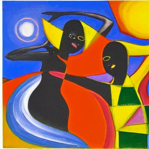 Image similar to two African Women in the moonlight dancing by the ocean as the waves roll by , high quality art in the style of cubism and georgia o’keefe,