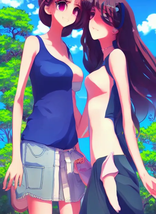 Prompt: two beautiful women under a blue sky, casual summer clothes, gorgeous faces, thick lines, cinematic lighting, detailed anime art