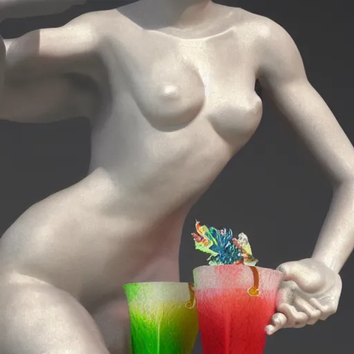 Image similar to close - up of white reneissance statue holding a coctail, colorful coctail, digital painting, 3 d render