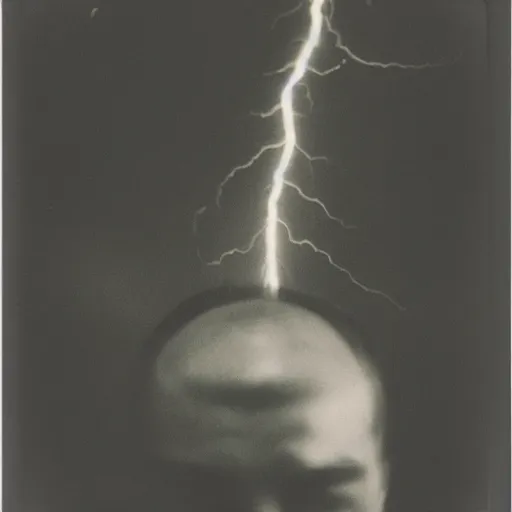 Prompt: low wide angle, old polaroid of a man being hit by a lighting strike in his head, black and white