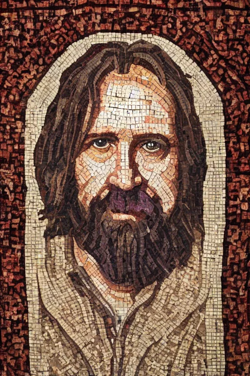 Image similar to intricate and beautifully arranged roman mosaic portrait of the dude from the big Lebowski in the style of a Persian carpet, 8k