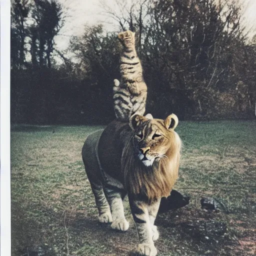 Prompt: polaroid of a cat riding a lion