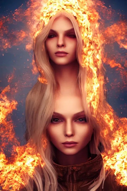 Image similar to beautiful blonde woman the body completely covered in flames with a long jacket behind her a city during the end of the world, realistic, high definition, many details, symmetrical face, realistic eyes, art of unreal engine 5