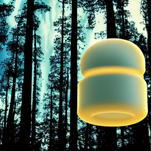 Image similar to tic tac shaped ufo, cinema scene. ethereal glow, dissipated clouds over forest