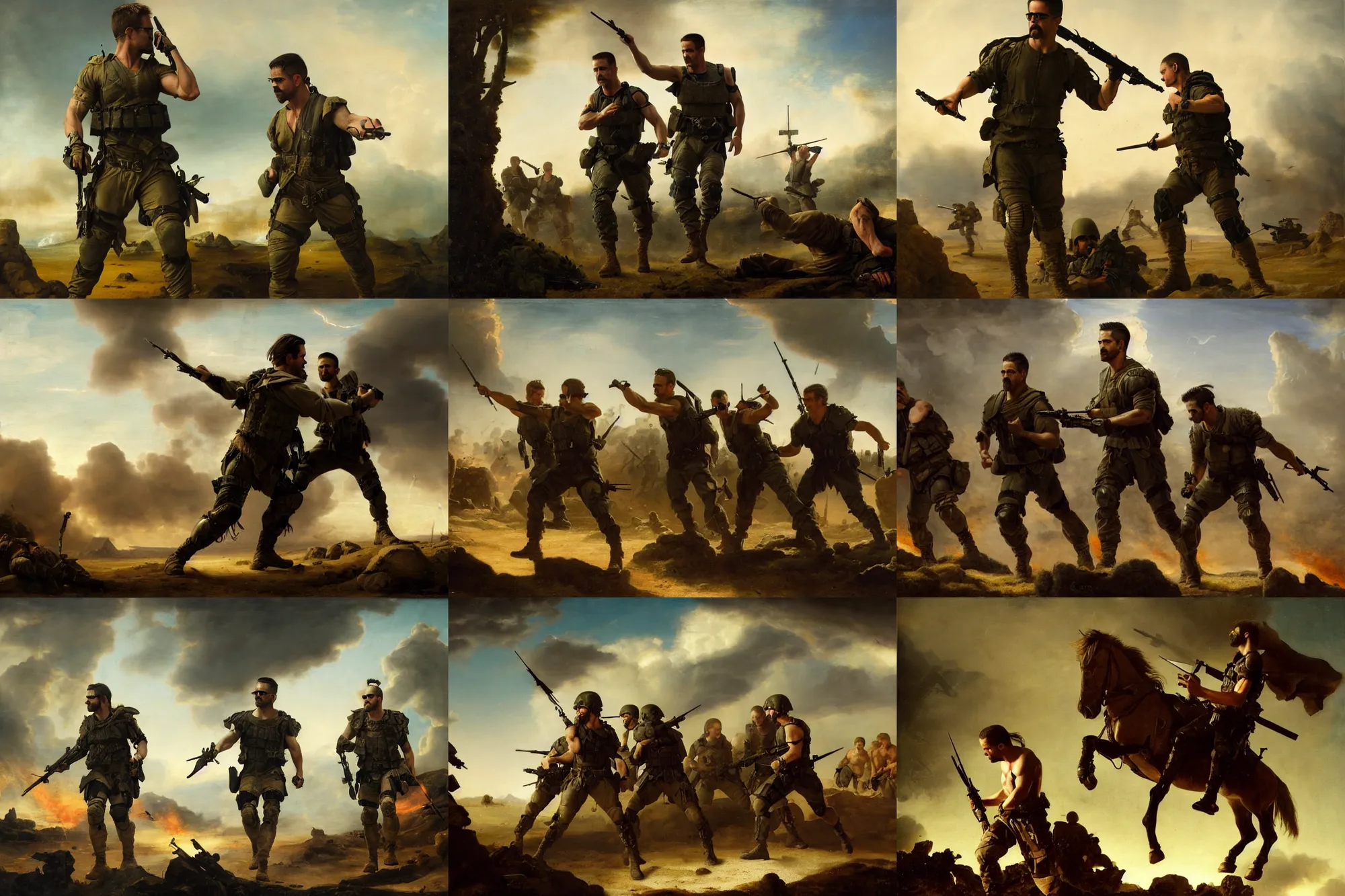Prompt: colin farrell as a special operations, hand to hand combat, in battle, covert military pants, military boots, greek mythology, oil reinassance painting by cornelis van poelenburgh and dosso dossi, ultra detailed, concept art, 8 k what