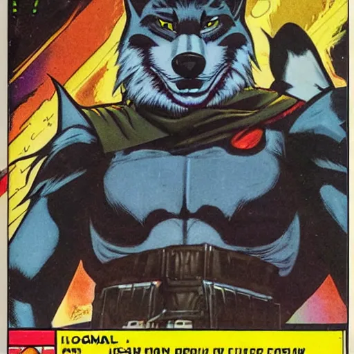 Image similar to 1 9 8 0 s comic book cover scan featuring a portrait of villain male wolf o'donnell anthropomorphic wolf furry fursona from starfox wearing a dark space mercenary uniform, dark grey wolf, handsome eyes, wolf o'donnell