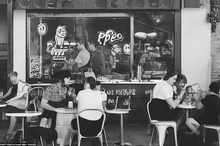 Prompt: retro - style cafe filled with pepe the frog customers drinking coffee, 8 0 s style, cinematographic photo