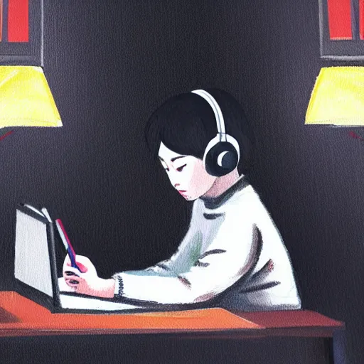 Image similar to An expressive Lo-fi style painting of a Korean girl sat writing in a journal while wearing headphones illuminated by a desk lamp and neon lights, in the background is a window overlooking a rainy night-time city, with a cat resting on the window cill, a relaxed and dreamy atmosphere, highly atmospheric with dynamic lighting, highly detailed, 8K