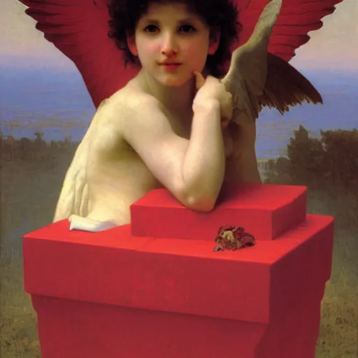 Image similar to Angel crying on top of a red ocean cube, oil painting by William-Adolphe Bouguereau