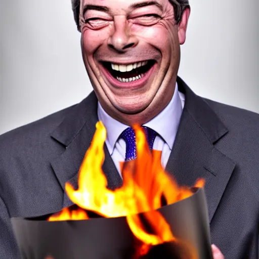 Image similar to nigel farage laughing holding burning eu flag, studio photograph, hd, studio