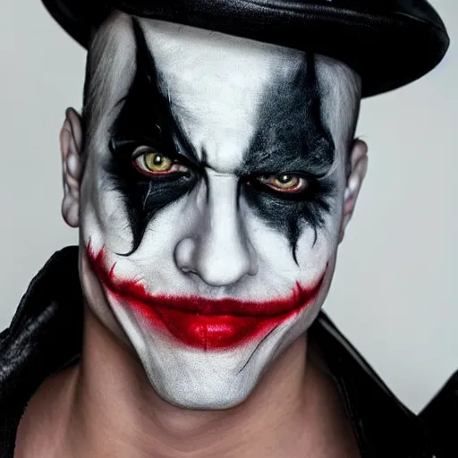 Image similar to a male model wearing a black leather hat in joker makeup, frontal view, cool looking