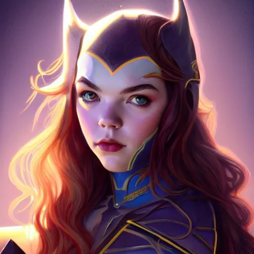 Image similar to beautiful Anya Taylor-Joy as Batgirl, western, closeup, D&D, fantasy, intricate, elegant, highly detailed, digital painting, artstation, concept art, matte, sharp focus, illustration, art by Artgerm and Greg Rutkowski and Alphonse Mucha