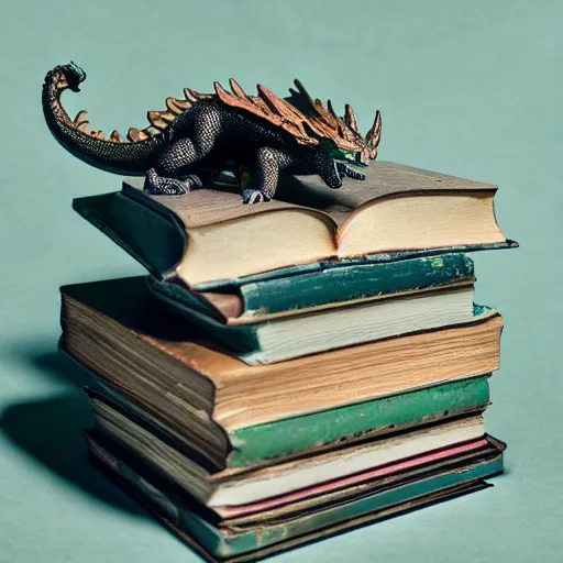 Prompt: a dragon reading book on top of a book stack