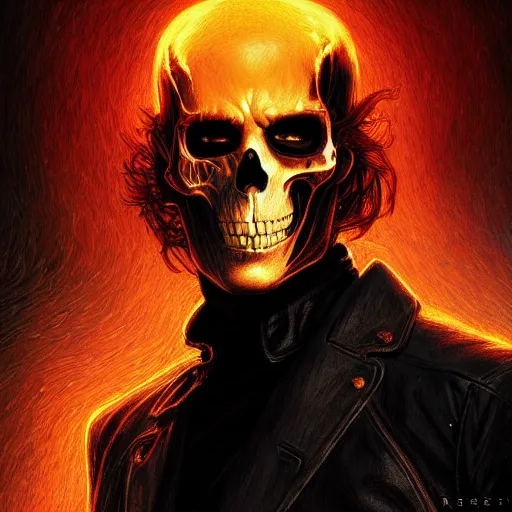 Image similar to handsome Keanu Reeves as Ghost Rider, western, closeup, D&D, fantasy, intricate, elegant, highly detailed, digital painting, artstation, concept art, matte, sharp focus, illustration, art by Artgerm and Greg Rutkowski and Alphonse Mucha