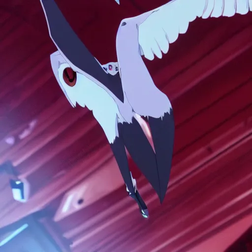 Image similar to a shot of a barn owl in a suit in evangelion 1 0 movie, movie shot, anime, hightly detailed, rescalated 4 k, detailed
