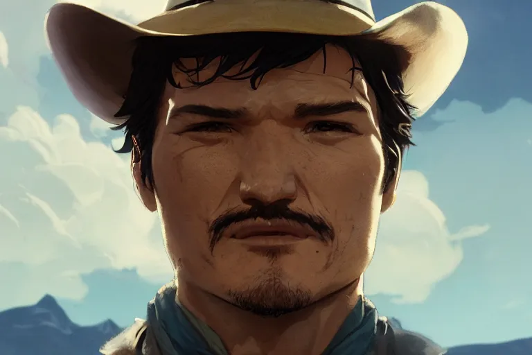 Image similar to old pedro pascal as a cowboy, single subject, scenic full shot, ambient lighting, detailed face, by makoto shinkai, stanley artgerm lau, wlop, rossdraws