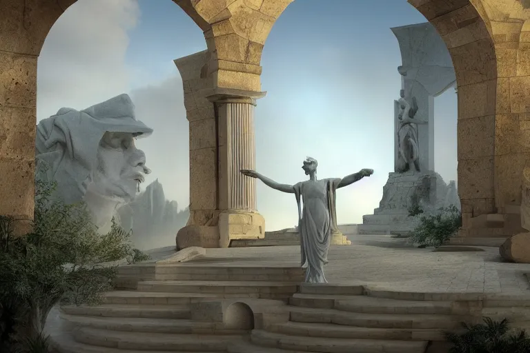 Prompt: a white marble statue of man ruins vicissitude octane render detailed surrealism by vladimir kush