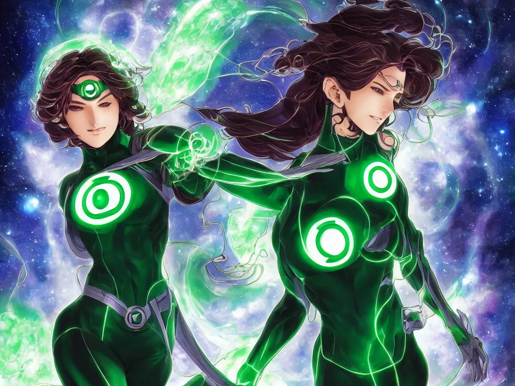 Image similar to anime key visual of one beautiful female green lantern, dc comics, power, hope, glowing, intricate, in space, stunning, highly detailed, digital painting, artstation, smooth, hard focus, illustration, art by artgerm and greg rutkowski and alphonse mucha