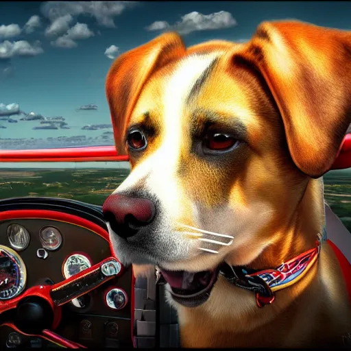 Prompt: photorealistic dog in a biplane. hyperdetailed photorealism, 1 0 8 megapixels, amazing depth, glowing rich colors, powerful imagery, psychedelic overtones, 3 d finalrender, 3 d shading, cinematic lighting, artstation concept art