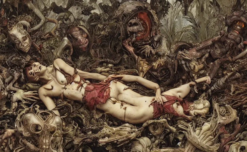 Image similar to renaissance grotesque painting of ovni crash swamp wasteland, landfill, alien corpses on the floor, elegant artwork by lee bermejo and greg rutkowski and alphonse mucha