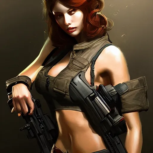 Image similar to beautiful woman with a gun, artstation, wlop, highly detailed