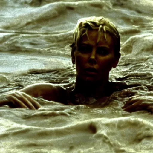 Prompt: film still, close up, charlize theron rising out of muddy vietnam river, face covered in mud, low camera angle at water level, night time, film still from apocalypse now ( 1 9 7 9 ), 2 6 mm.