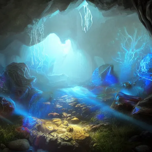 Prompt: a mystical cave with many magic mushrooms, glowing blue, a stream of water, dark rocks, shadows, atmospheric, butterflies, misty, masterpiece, very detailed, cold blue light, trending on artstation