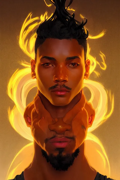 Prompt: portrait of a beautiful young fit male spirit with fire hairs and coal black skin, fire halo, by greg rutkowski and alphonse mucha, d & d character, gradient red to yellow, in front of a desert background, highly detailed portrait, digital painting, artstation, concept art, smooth, sharp focus ilustration, artstation hq