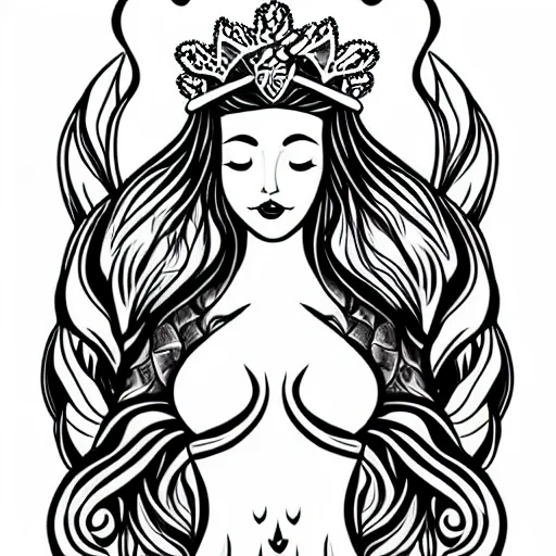 Image similar to a peaceful meditative mermaid wearing a crown, banner across chest, full body, symmetrical, highly detailed black and white new school pinup tattoo design