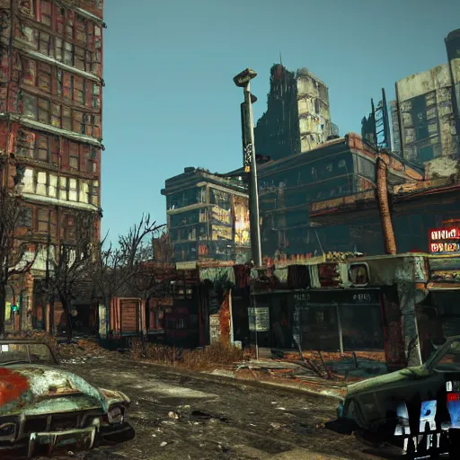 Prompt: New York in ruins post-nuclear war in Fallout 4, in game screenshot