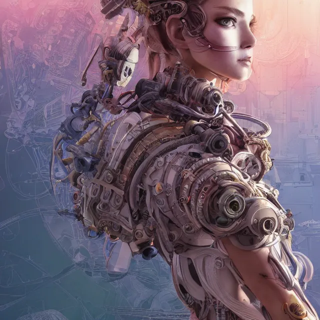 Image similar to the portrait of true neutral semi - colorful female cyborg mechanist as absurdly beautiful, gorgeous, elegant, young woman looking up, an ultrafine hyperdetailed illustration by kim jung gi, irakli nadar, intricate linework, bright colors, octopath traveler, final fantasy, unreal engine 5 highly rendered, global illumination, radiant light, detailed and intricate environment