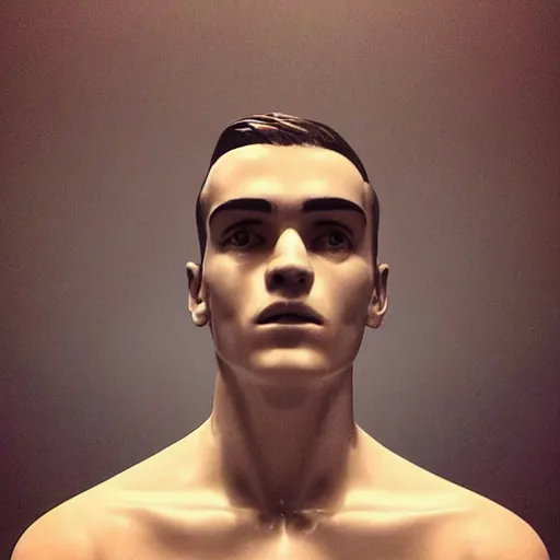 Image similar to “ a realistic detailed photo of a guy who is an attractive humanoid who is half robot and half humanoid, who is a male android, soccer player antoine griezmann, shiny skin, posing like a statue, blank stare, at the museum, on display ”