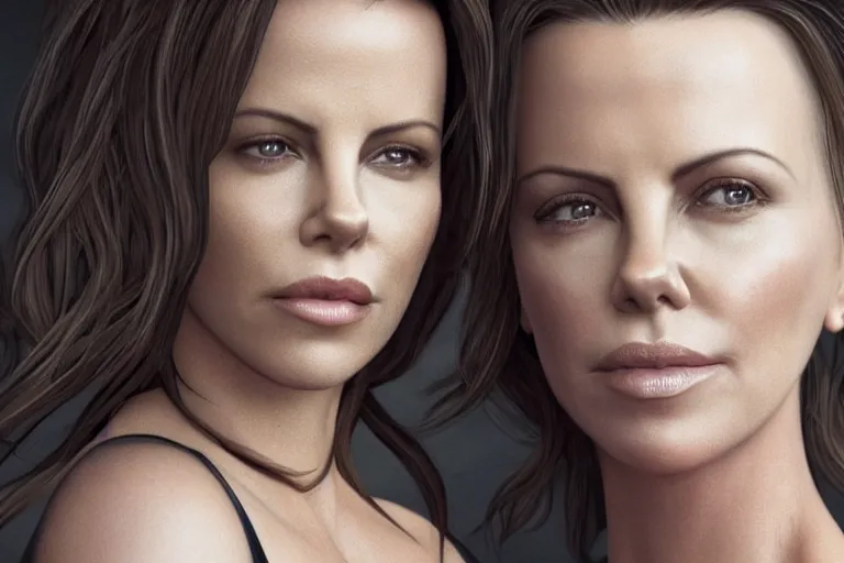 Image similar to a very beautiful hyper - realistic portrait of kate beckinsale and charlize theron looking at each other, rendered by beeple, by makoto shinkai, syd meade, starwars, digital art, unreal engine, wlop, trending on artstation, 4 k uhd image, octane render