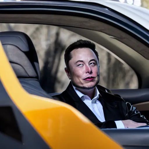 Image similar to Elon Musk sitting in the driver's seat of a Rivian RT1