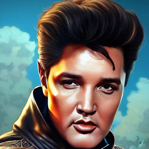 Image similar to ultra realistic illustration, wide angle shot, elvis as elon musk, intricate, elegant, highly detailed, digital painting, artstation, concept art, smooth, sharp focus, by artgerm and greg rutkowski and alphonse mucha