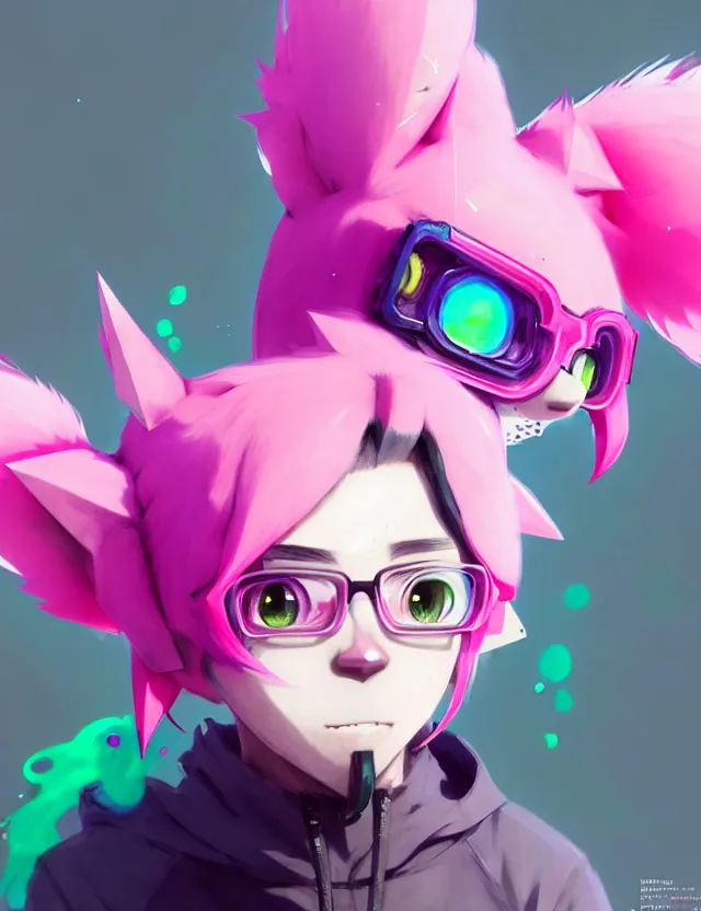 Prompt: a beautiful headshot portrait of a cute anime splatoon male boy with pink hair and pink wolf ears wearing a hoodie. piercings. green eyes. character design by cory loftis, fenghua zhong, ryohei hase, ismail inceoglu and ruan jia. artstation, volumetric light, detailed, photorealistic, fantasy, rendered in octane