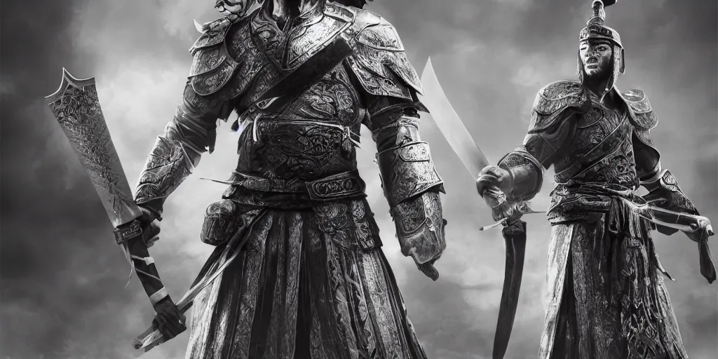 Image similar to the ancient Chinese warrior and his sword, high quality render, artstation, Unreal engine 5, octane render, 4k, dark gray background