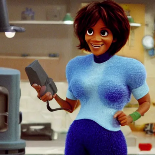 Image similar to halle berry as an anthropomorphic blueberry. pixar character