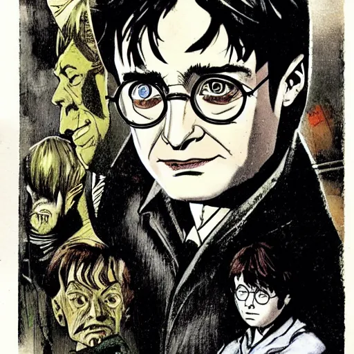 Image similar to in one frame Harry Potter in The Sandman comic, by Neil Gaiman, by Dave McKean, comics Sandman, small details, clear faces, high detail