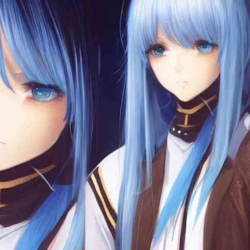 Image similar to profile shot of rimuru tempest, sky blue, straight hair, long bangs, | gold colored eyes | wearing a black jacket with white stripes, very high collar, highly detailed, unreal engine 5, digital painting, cinematic, wlop | artgerm, pixiv, yoshitaka amano, greg rutkowski, ilya kuvshinov, andy warhol