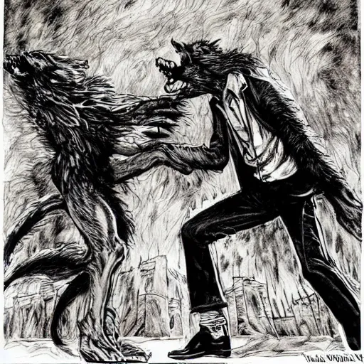 Prompt: fantasy artwork of Tom Waits and William S Burroughs fighting werewolves as drawn by Bernie Wrightson