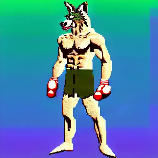 Image similar to full body shot antropomorphic muscular masculine wolf. kickboxer. wolf head. furr on body. 8 bit nes graphics. vaporwave futuristic 8 0's