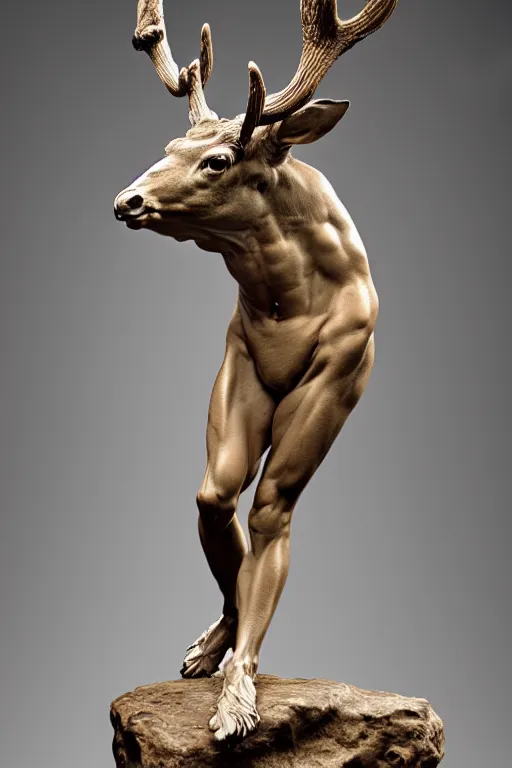 Image similar to full view of an intricate and detailed deer-man statue made on polished tan marble sculpted by Bernini and Nicola Samori, style of Maxfield Parrish and Bastien Lecouffe-Deharme, ultra realistic, volumetric light