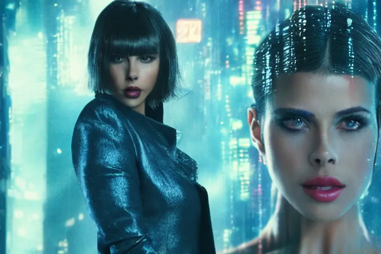 Prompt: 8 k hyper realistic close range night shot of blade runner 2 0 4 7 with adriana chechik as a hologram from a digital signage, transparent skin with imperfections, very small lips, blue suit. long blonde hair flowing in the wind. urban landscape in the background. lenses 5 0 mm