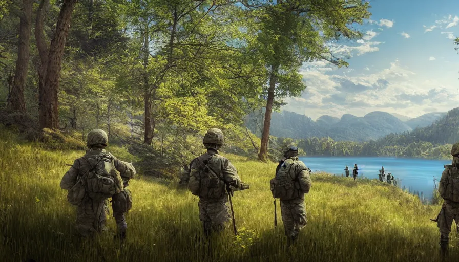 Image similar to back view of soldiers watching lake from the mountains, sunny day, forest, hyperdetailed, artstation, cgsociety, 8 k