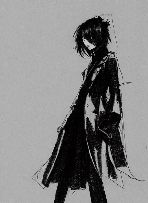 Image similar to a yoji shinkawa sketch of a girl with long legs wearing a one piece outfit and a black coat inspired by a puffy japanese kimono designed by balenciaga