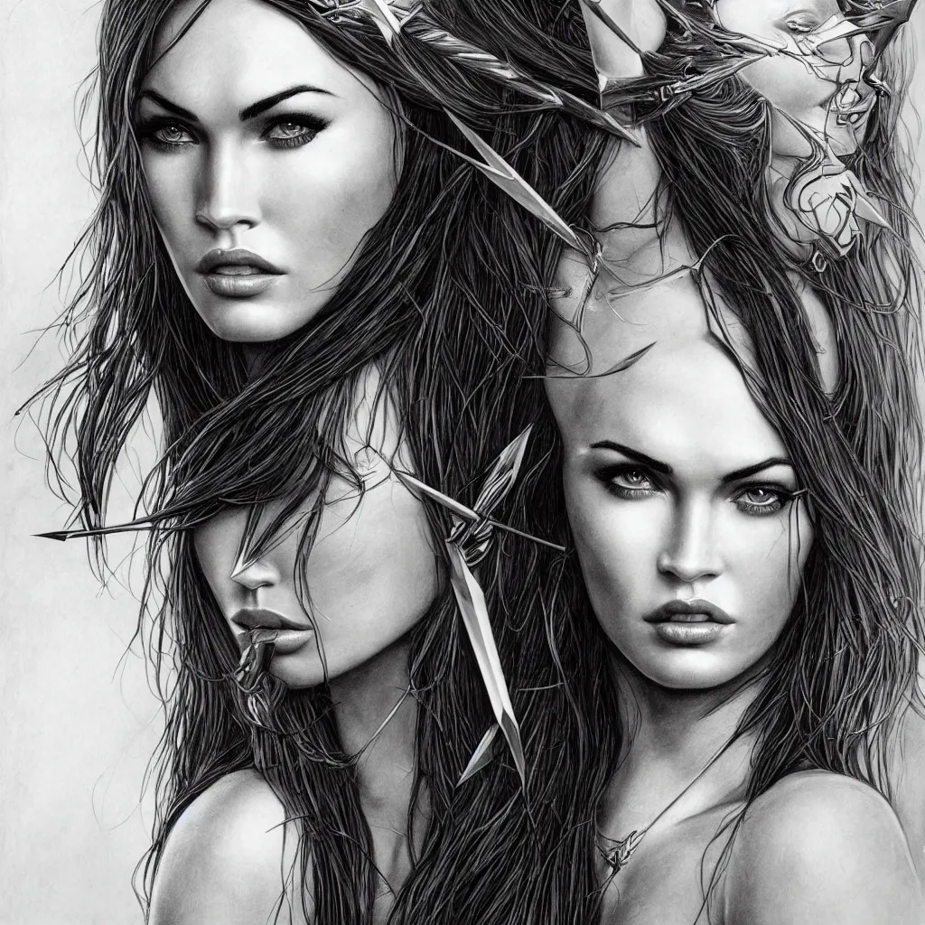 Prompt: portrait of beautiful megan fox as greek goddess aphrodite, archer, arrow on the head, beautiful piercing eyes, flowing blonde hair, realistic face, black and white drawing, in the style of greg rutkowski, fantasy, amazing detail, epic, intricate, elegant, smooth, sharp focus