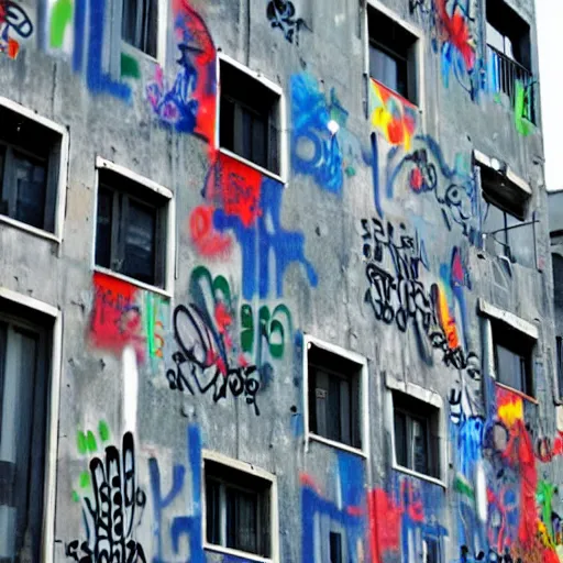 Image similar to habitat 67 covered in street art/graffiti