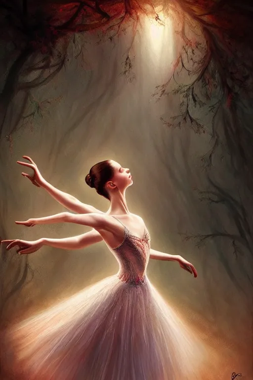 Image similar to prima ballerina, gorgeous, ethereal, intricate, elegant, volumetric lighting, nature scenery, digital painting, highly detailed, artstation, sharp focus, illustration, concept art, clive barker