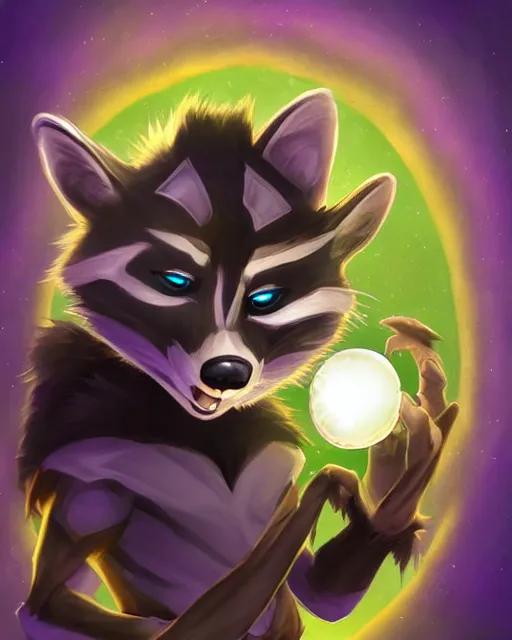 Prompt: 3 5 mm portrait of furry necromancer sly cooper raccoon holding a magical glowing gemstone in a crystal cave, d & d, magic the gathering, criag mullins, artgerm, wlop, disney, pixar,